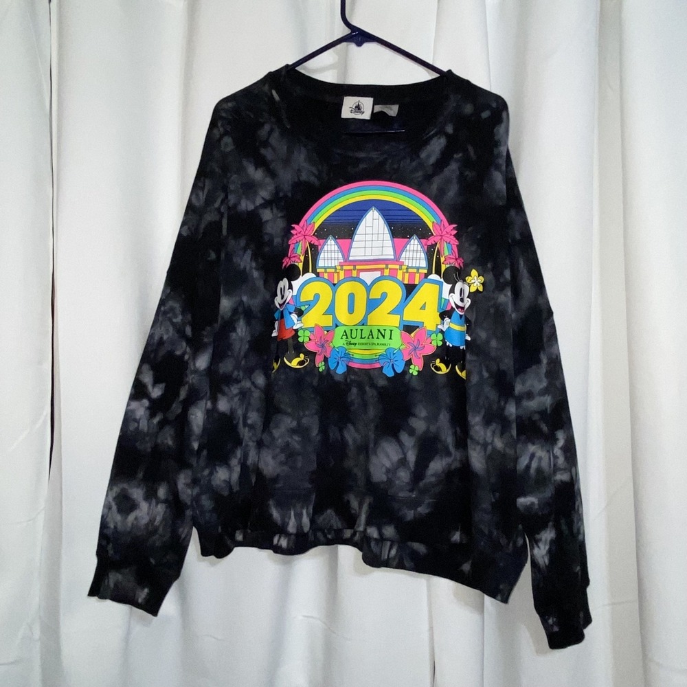 Disney Aulani‎ Sweater Womens XL Black Tie Dye Flowers Pullover Resort Hawaii